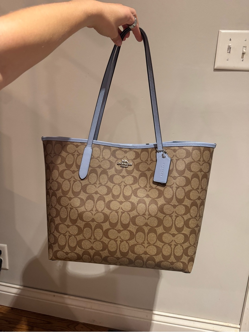 Coach Brown Signature Canvas Tote with Light Blue Trim